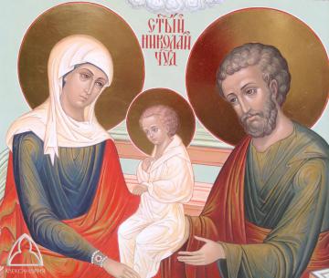 Икона «Рождество Св.Николая Чудотворца», икона на фасаде храма, краски Keim. Фрагмент.